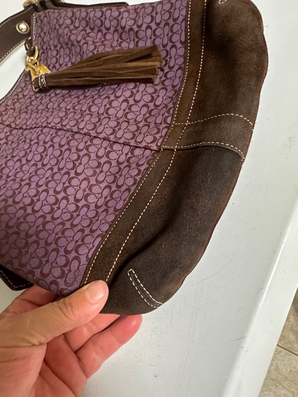 Coach Purple Signature Jacquard & Brown Suede Hobo with Tassel - Picture 7 of 13